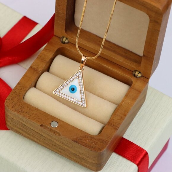 "Triangle Evil Eye Rose Gold Pendant with Cubic Zirconia Border, XPPT1474 - Picture 10 of 13